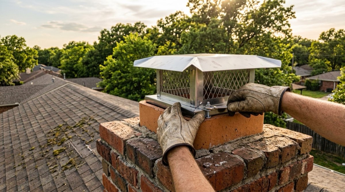 Fitting a new stainless steel chimney cap on a Tulsa home