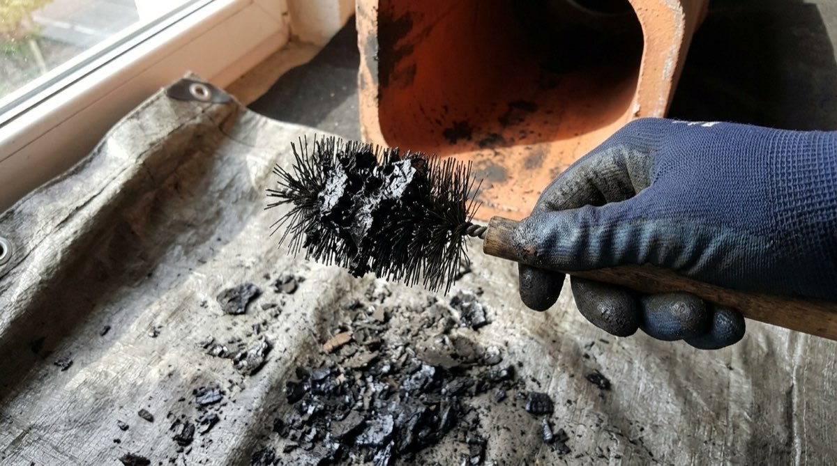 Flaky creosote removed from a flue liner