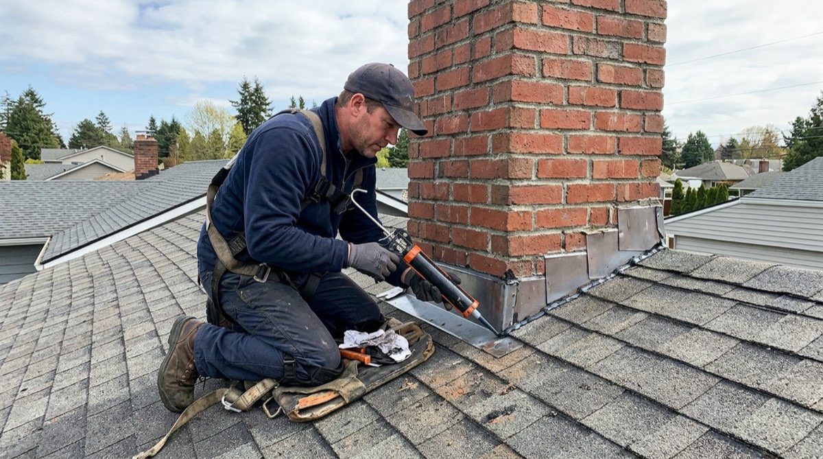 Sealing the step flashing where the chimney meets the roof
