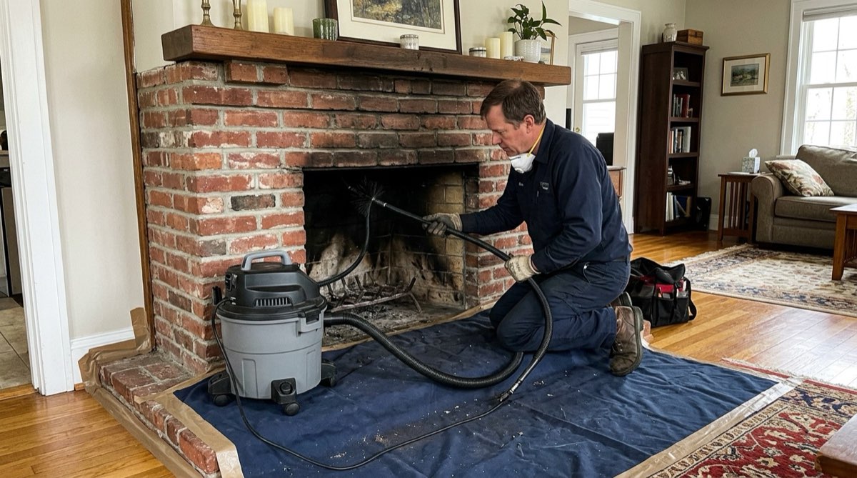 Technician cleaning the flue from the firebox with drop cloths and a HEPA vacuum