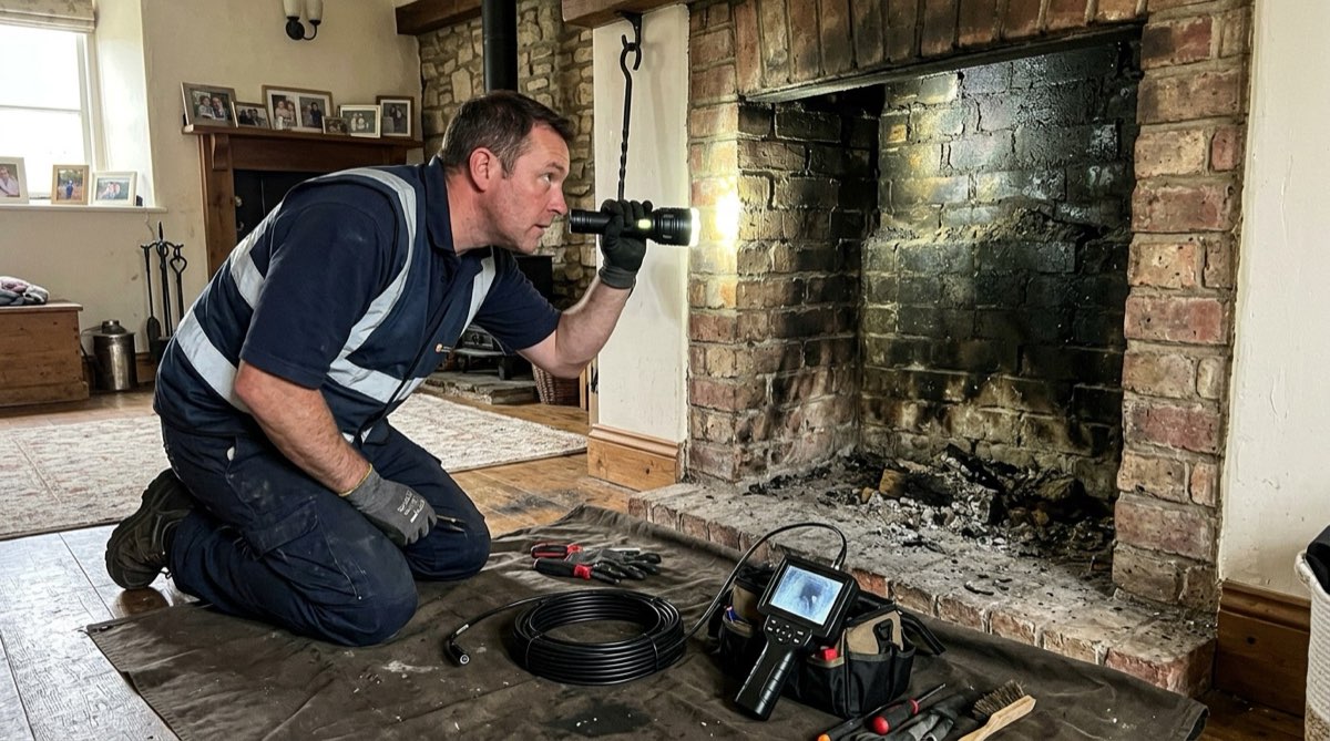 Camera inspection of the flue and smoke chamber from the firebox
