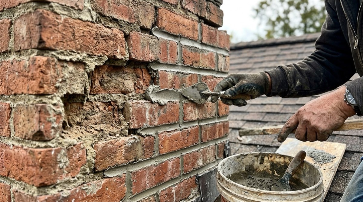 Repointing weathered brick joints on a chimney