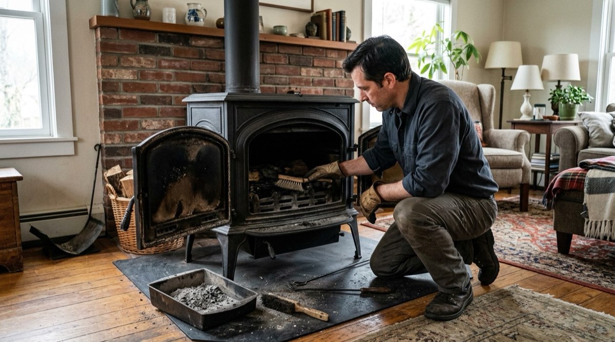 Cleaning and servicing a wood stove before heating season