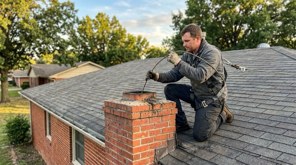 Chimney sweep brushing the flue from the roof of a Tulsa home